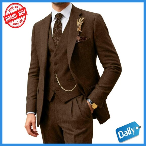 Men's 3-Piece Tweed Suit Slim Fit Wedding Business Formal Set